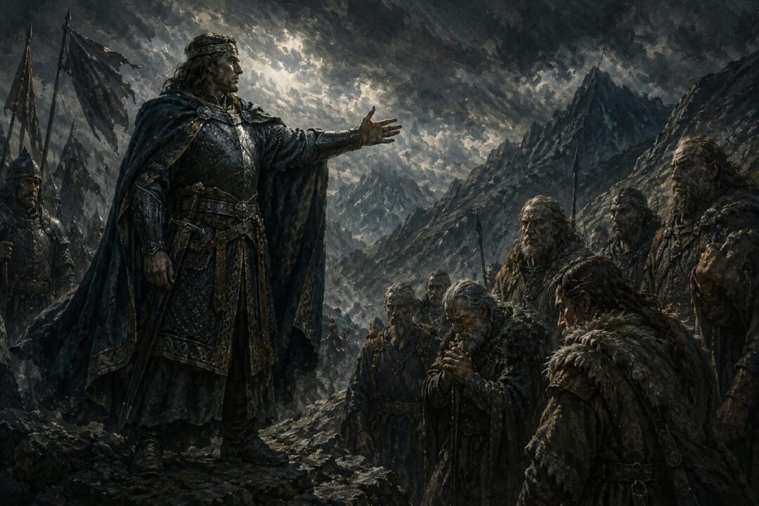 Isildur pronounces judgment upon the oath-breaking Men of the Mountains after their betrayal.