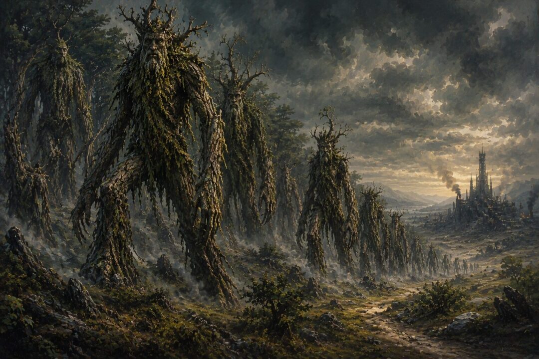 The Ents and Huorns marching from Fangorn toward Isengard.