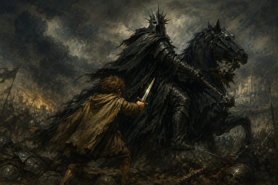 Merry prepares to strike the Witch-king with an ancient barrow-blade during the Battle of the Pelennor Fields.