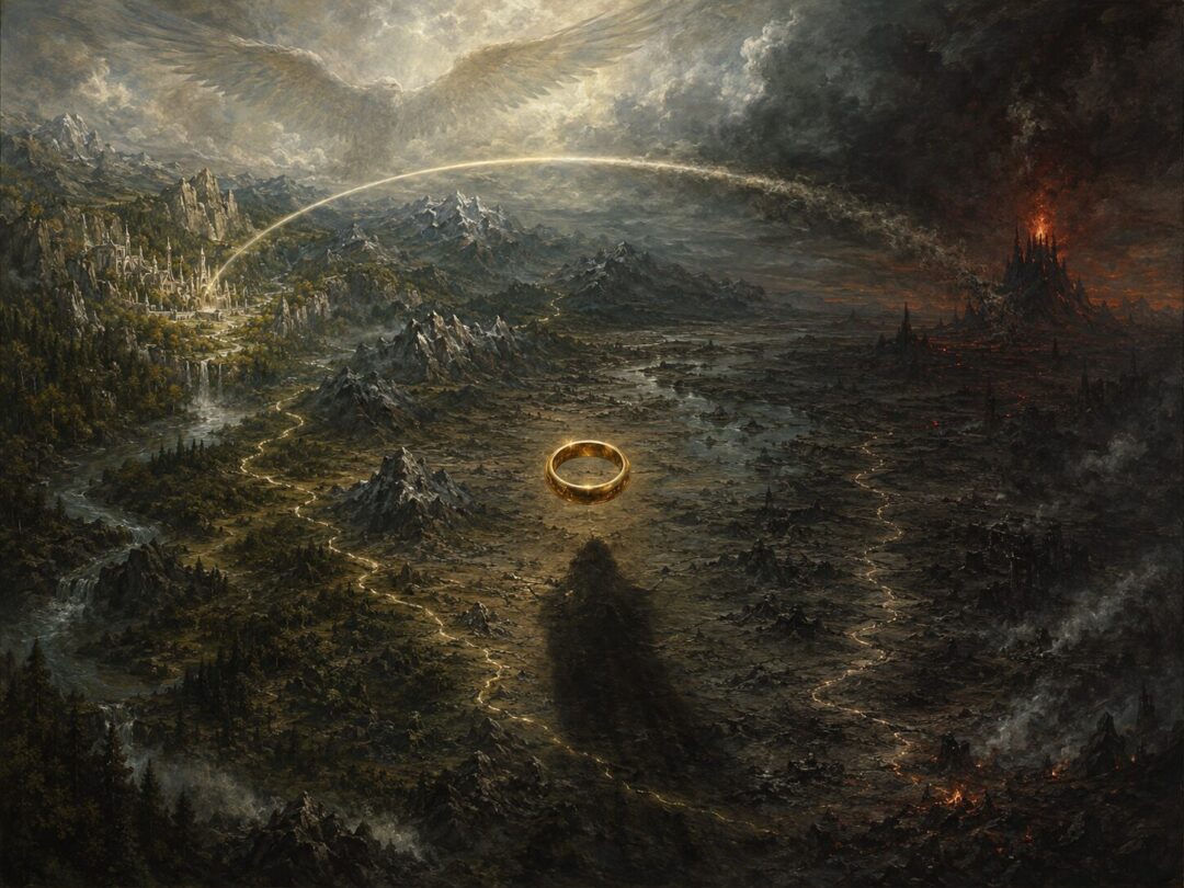 Symbolic Middle-earth landscape showing the impossible eagle road and the hidden footpath toward Mordor