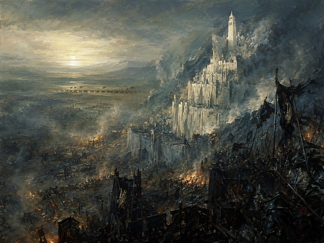 Minas Tirith under siege at dawn as distant riders of Rohan appear through smoke.