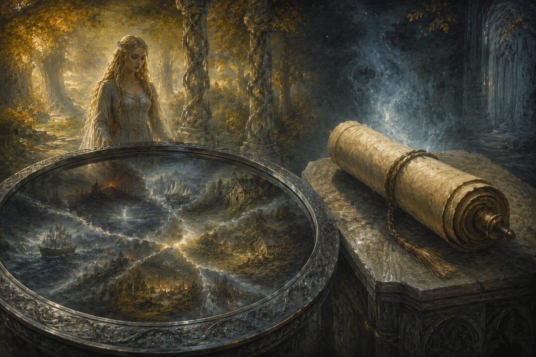 Symbolic depiction of Galadriel's Mirror representing possibility rather than fixed prophecy.