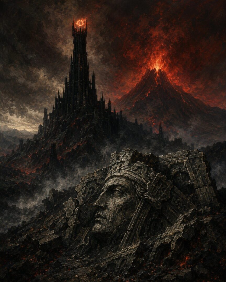 Barad-dûr and Mount Doom overshadowing a broken Númenórean stone relief half buried in ash