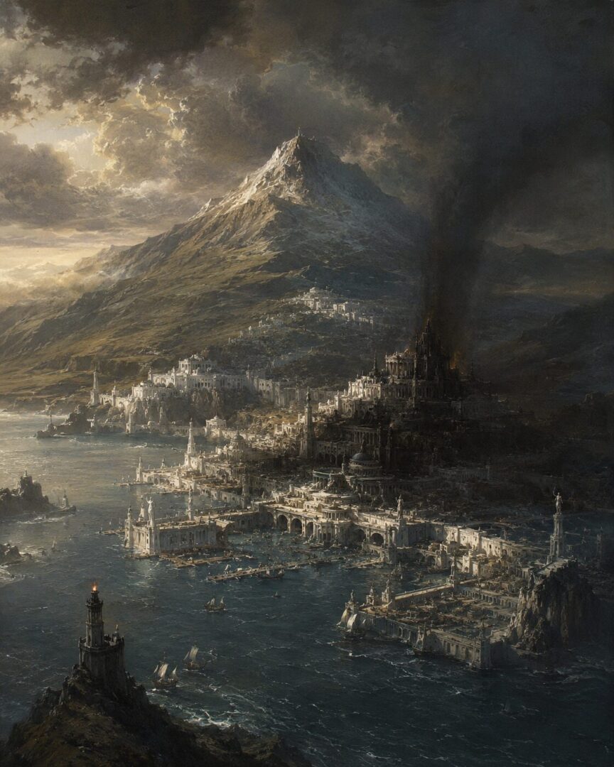 Númenor in its last age beneath darkening skies as shadow spreads over its cities and Meneltarma rises in the distance