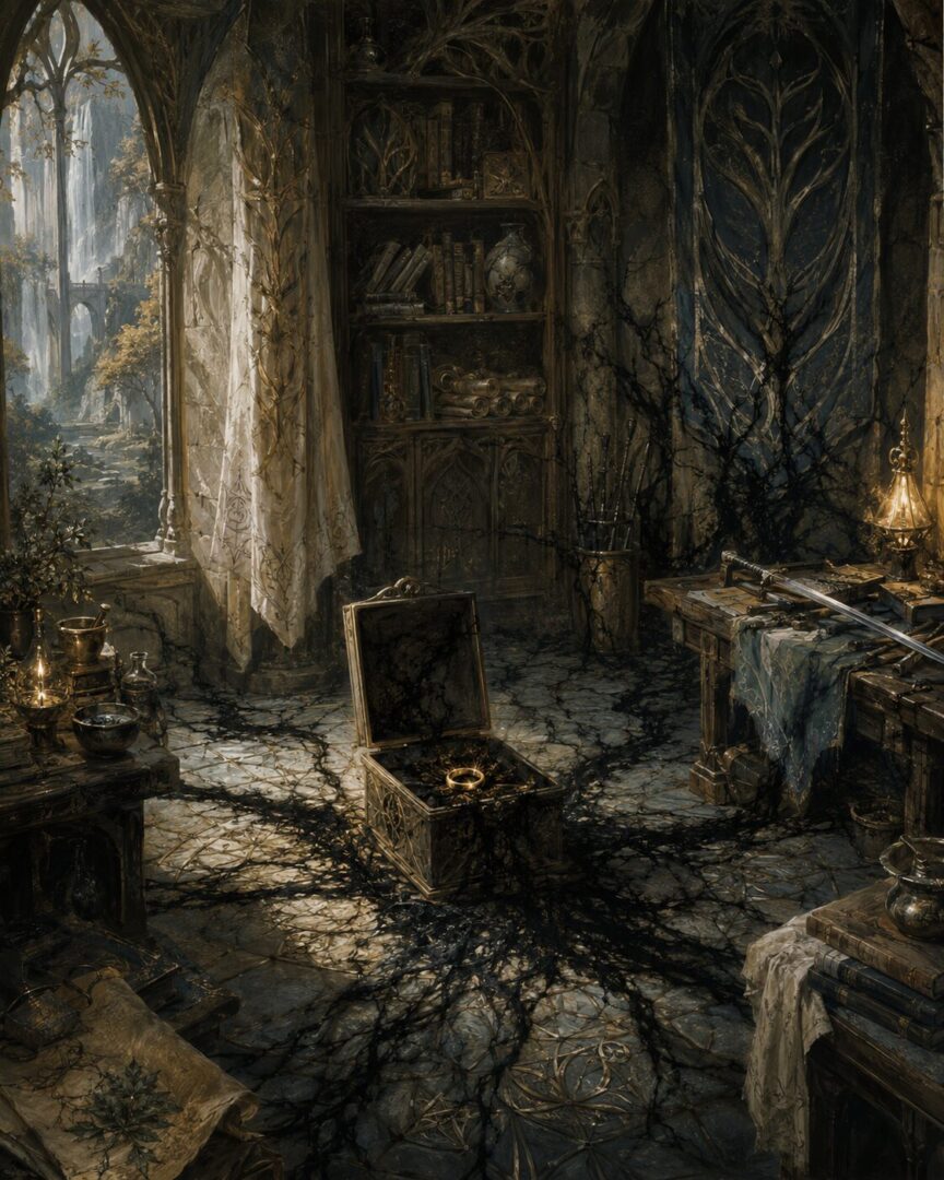 The One Ring rests in an open casket inside a Rivendell chamber as its shadow spreads across books, maps, and relics.
