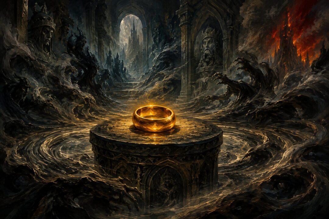 The One Ring glowing on a dark stone pedestal surrounded by encroaching shadows.