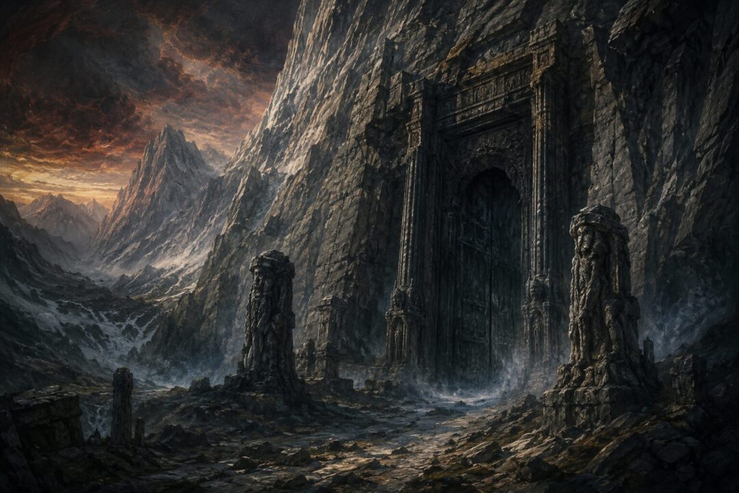 The entrance to the Paths of the Dead beneath the White Mountains under a dark and foreboding sky.