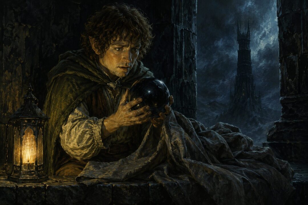 Pippin secretly gazes into the palantír of Orthanc and confronts the will of Sauron.