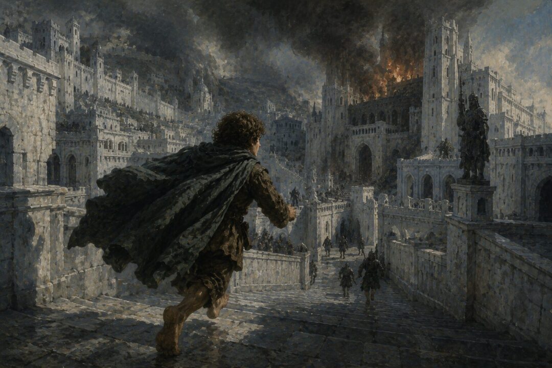 Pippin races through Minas Tirith to warn Gandalf about Denethor.