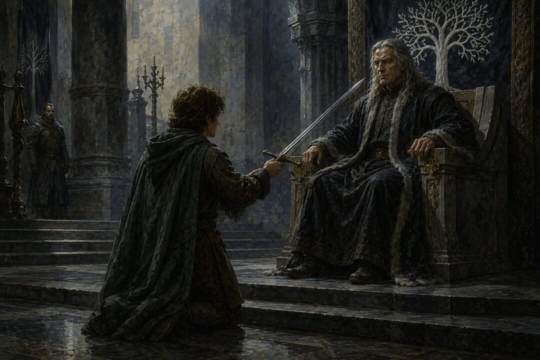 Pippin offers his service to Denethor in the great hall of Minas Tirith.