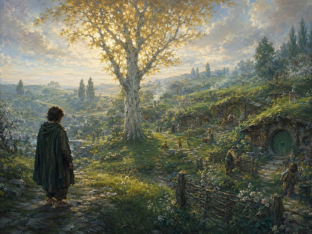 A young mallorn tree grows in the restored Shire while Frodo stands apart from hobbits returning to ordinary life.