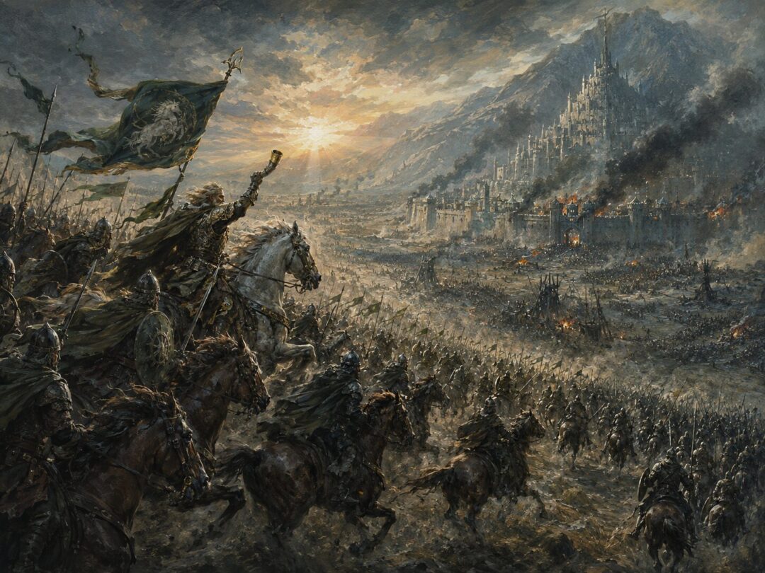 The Rohirrim charge onto the Pelennor Fields toward the armies besieging Minas Tirith.