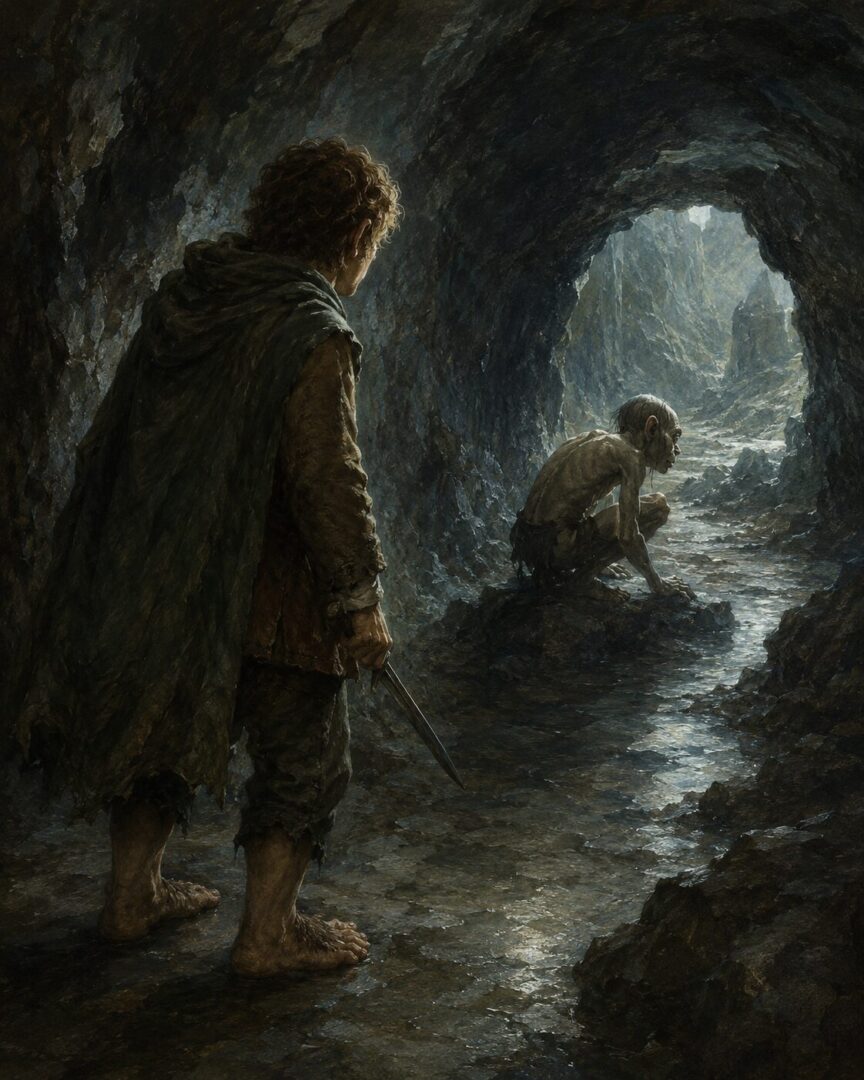 A symbolic crossroads shows the Ring between Gollum’s darkness and Bilbo’s road to the Shire.