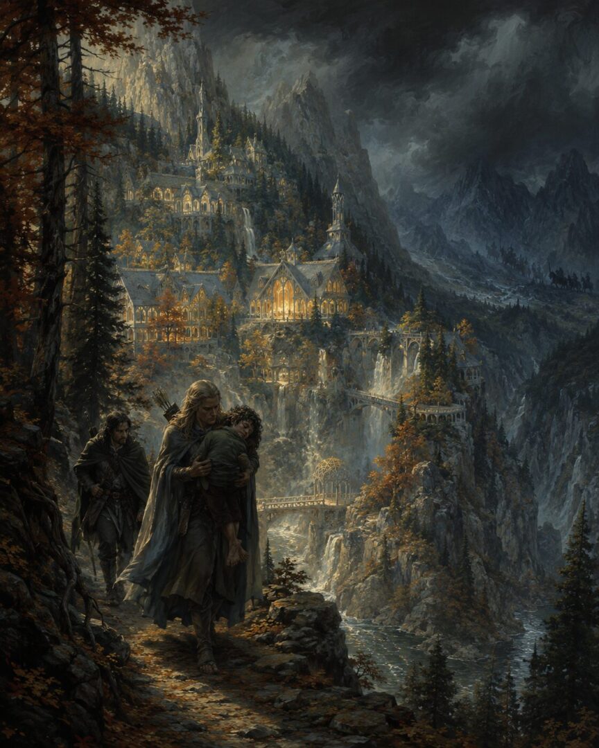 Frodo is carried into the hidden valley of Rivendell while distant shadows suggest the pursuit of the Ringwraiths.