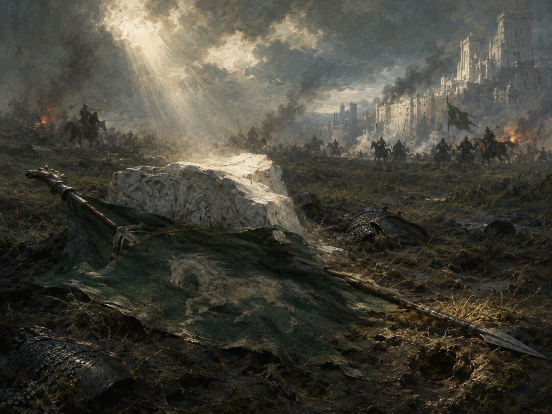 A fallen Rohan banner and white stone of Minas Tirith show the cost of the city’s rescue.