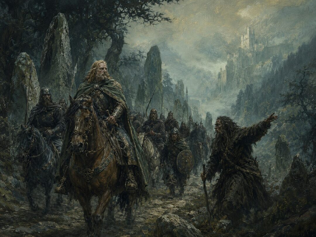 Théoden and the Rohirrim ride through the hidden Stonewain Valley with guidance from the Drúedain.