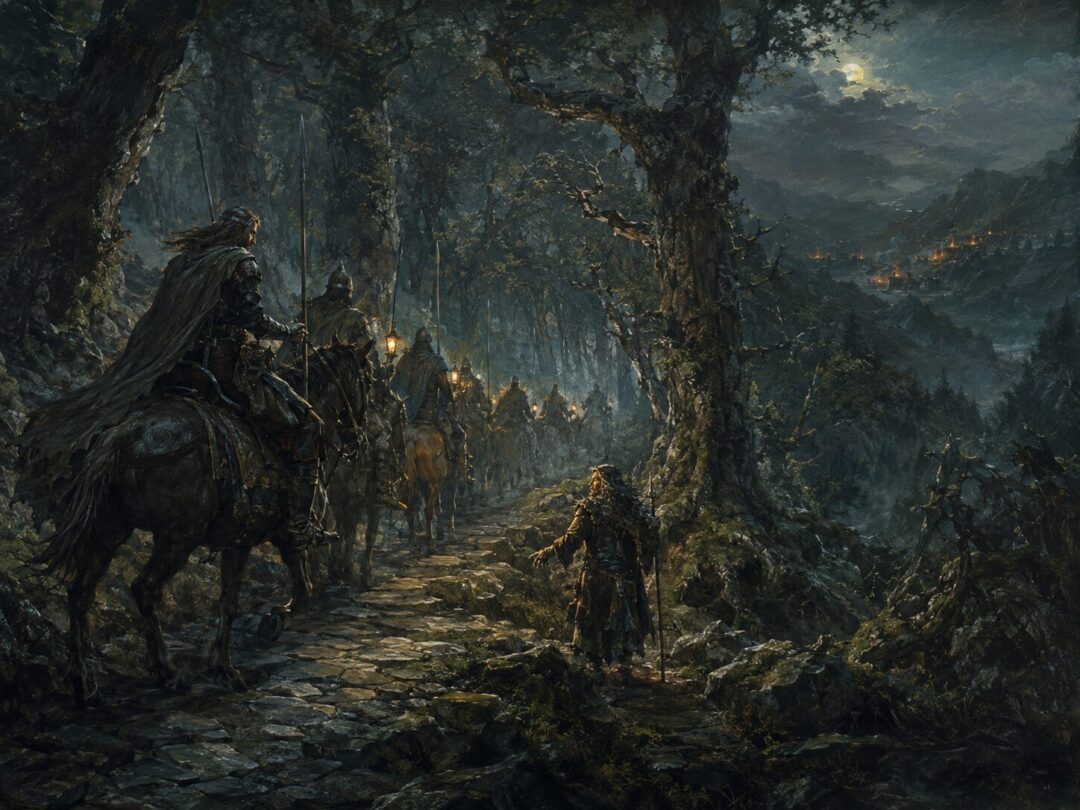 Rohirrim riders pass through the hidden Stonewain Valley with a Drúadan guide.