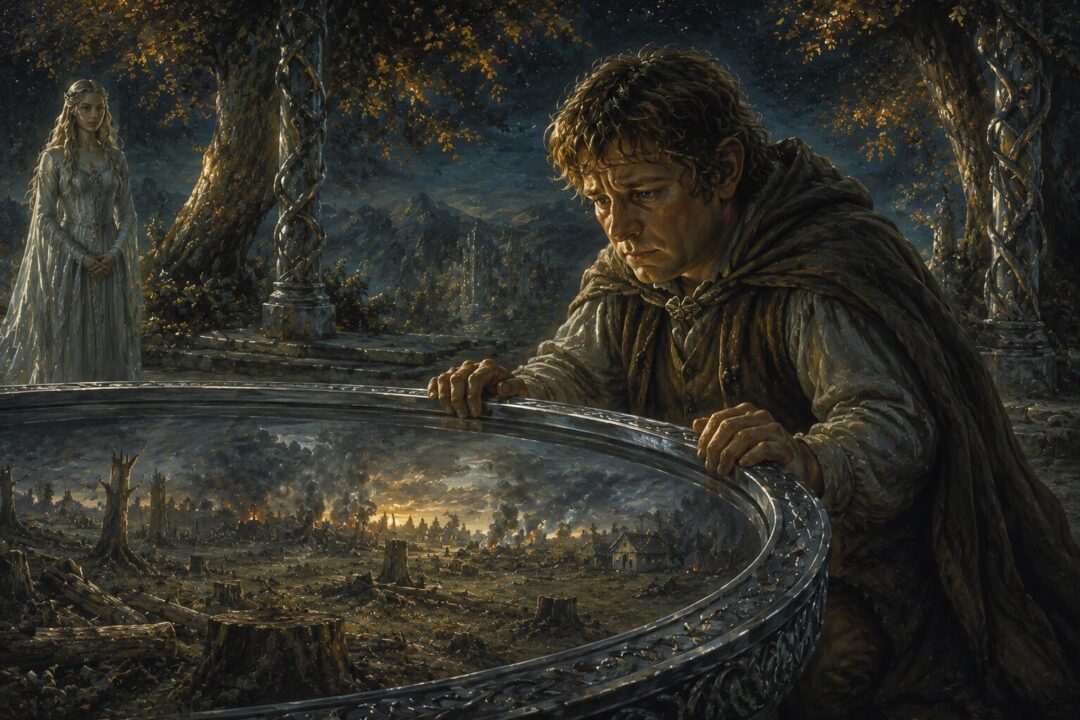 Sam Gamgee watching troubling visions of the Shire reflected in Galadriel's Mirror.