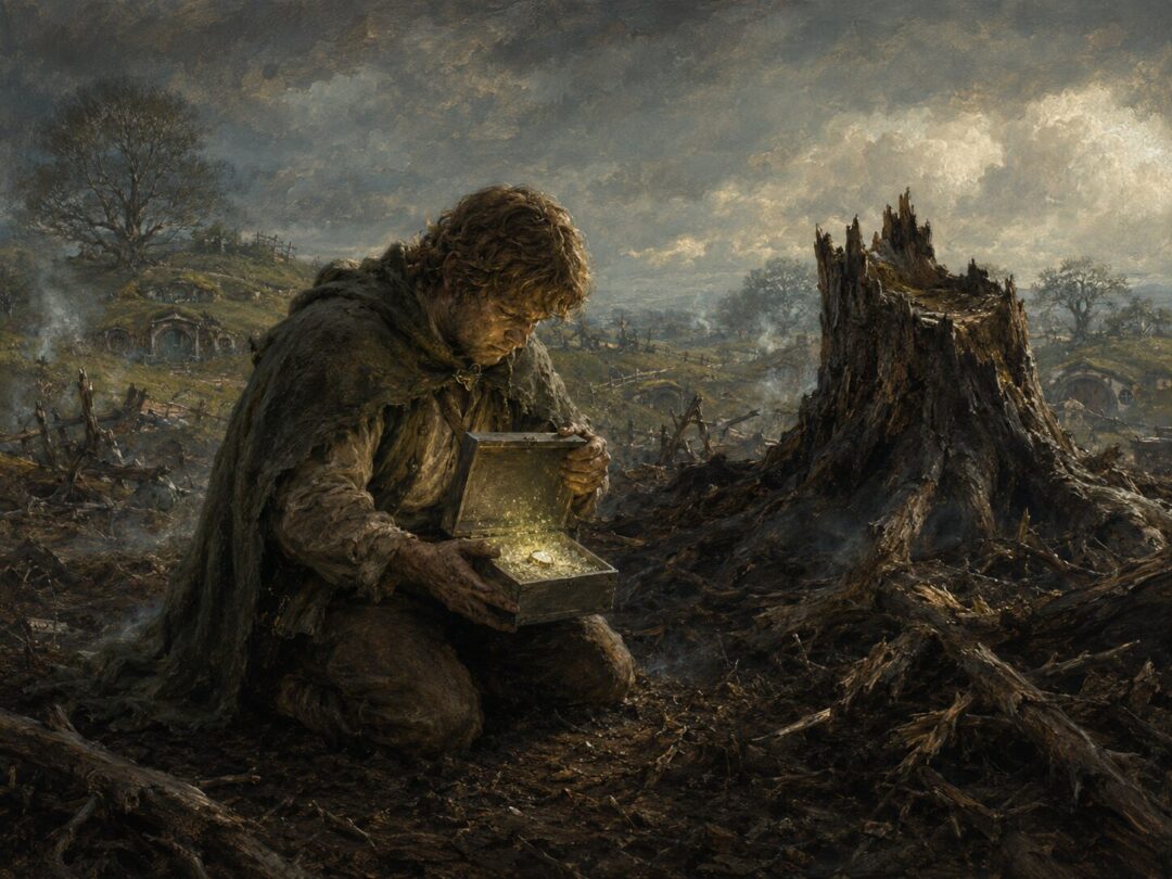 Samwise kneels in the devastated Party Field with Galadriel’s garden box, silvery earth, and the mallorn seed.