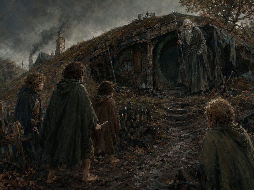 A diminished wizard stands bitterly at the gate of a damaged Bag End while hobbits confront the ruin of their home.