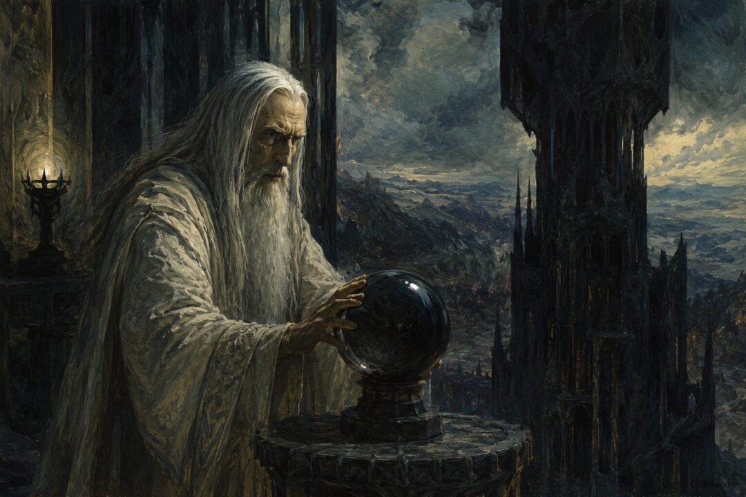 Saruman alone in Orthanc studying the palantír as pride and isolation grow.