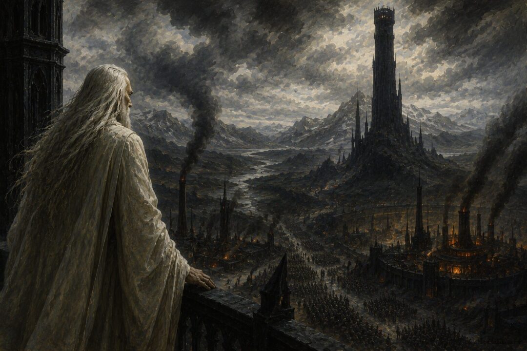 Saruman watches the furnaces and armies of Isengard from the tower of Orthanc.