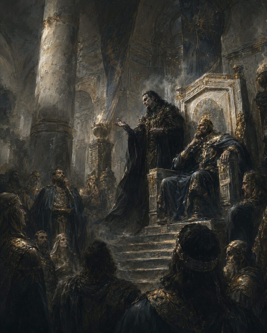 Sauron as a dangerous counsellor beside Ar-Pharazôn in a grand Númenórean throne hall