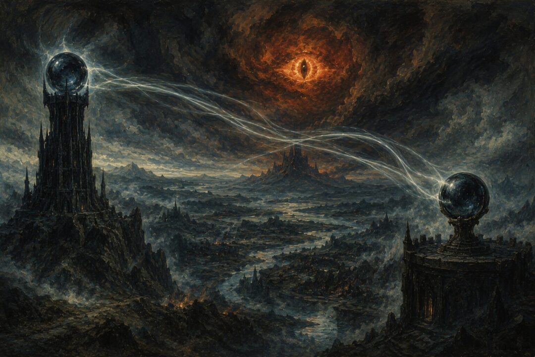 Symbolic depiction of Sauron's influence across the palantíri through a contest of wills.