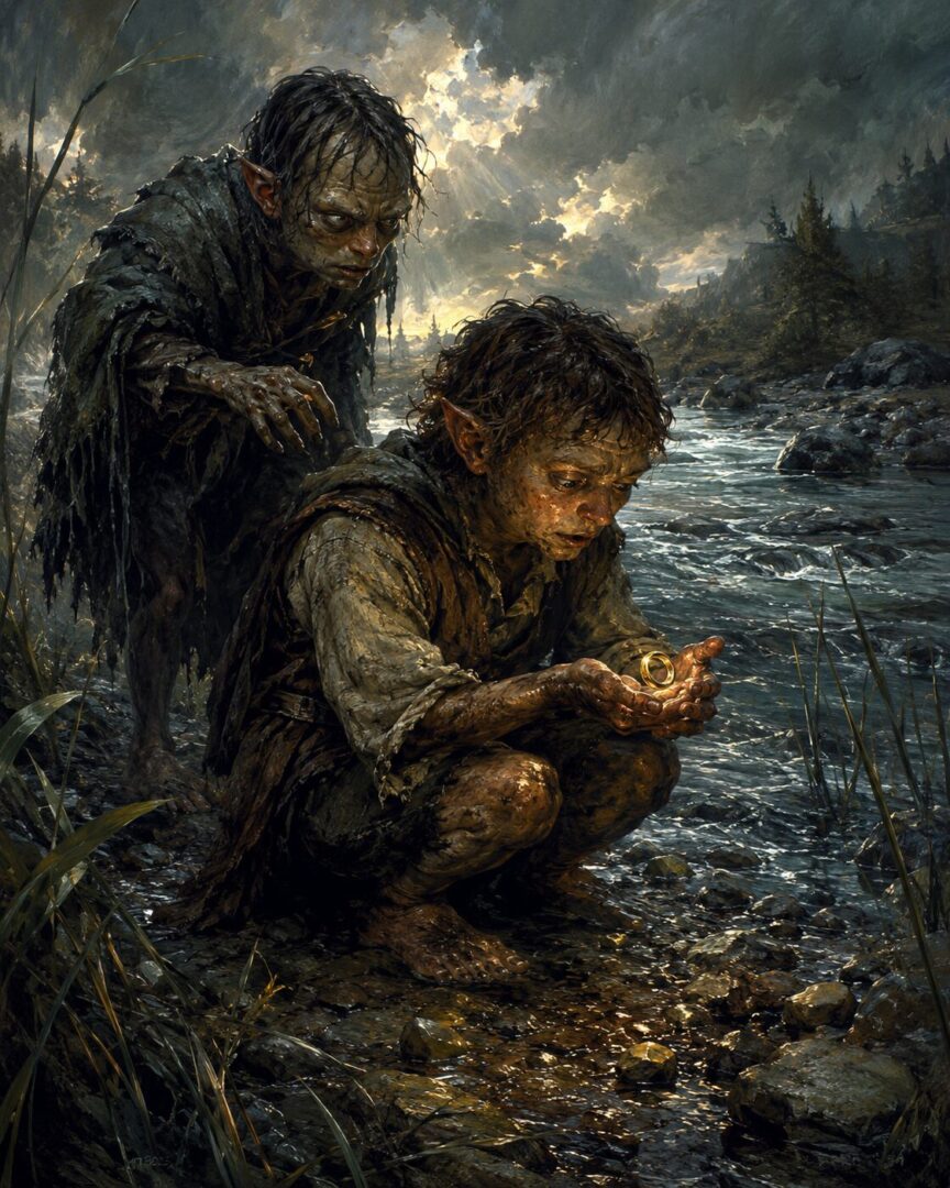 Sméagol and Déagol beside the Anduin after finding the Ring near the Gladden Fields.