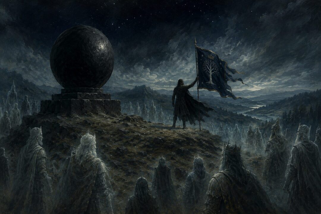The Stone of Erech at midnight with Aragorn and the gathering Oathbreakers.