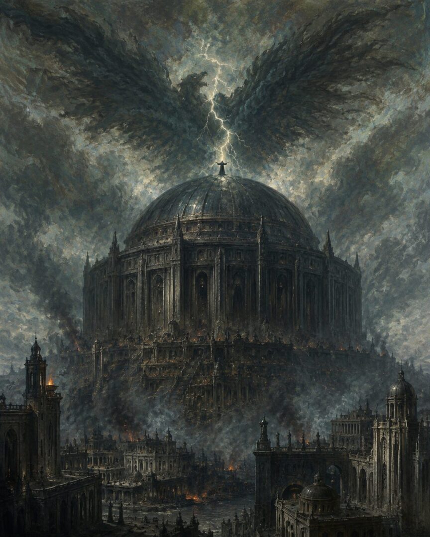 The smoke-blackened Temple of Melkor in Armenelos under lightning and ominous storm clouds