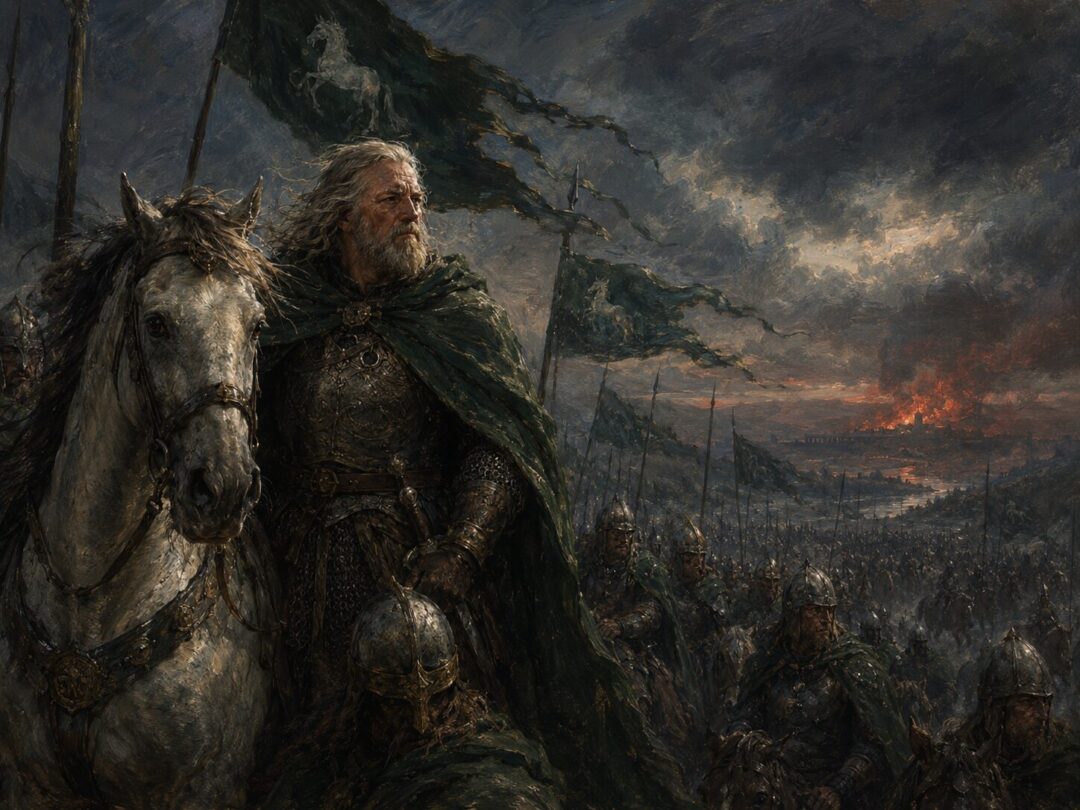 King Théoden of Rohan stands with weary riders before the desperate ride to Gondor.