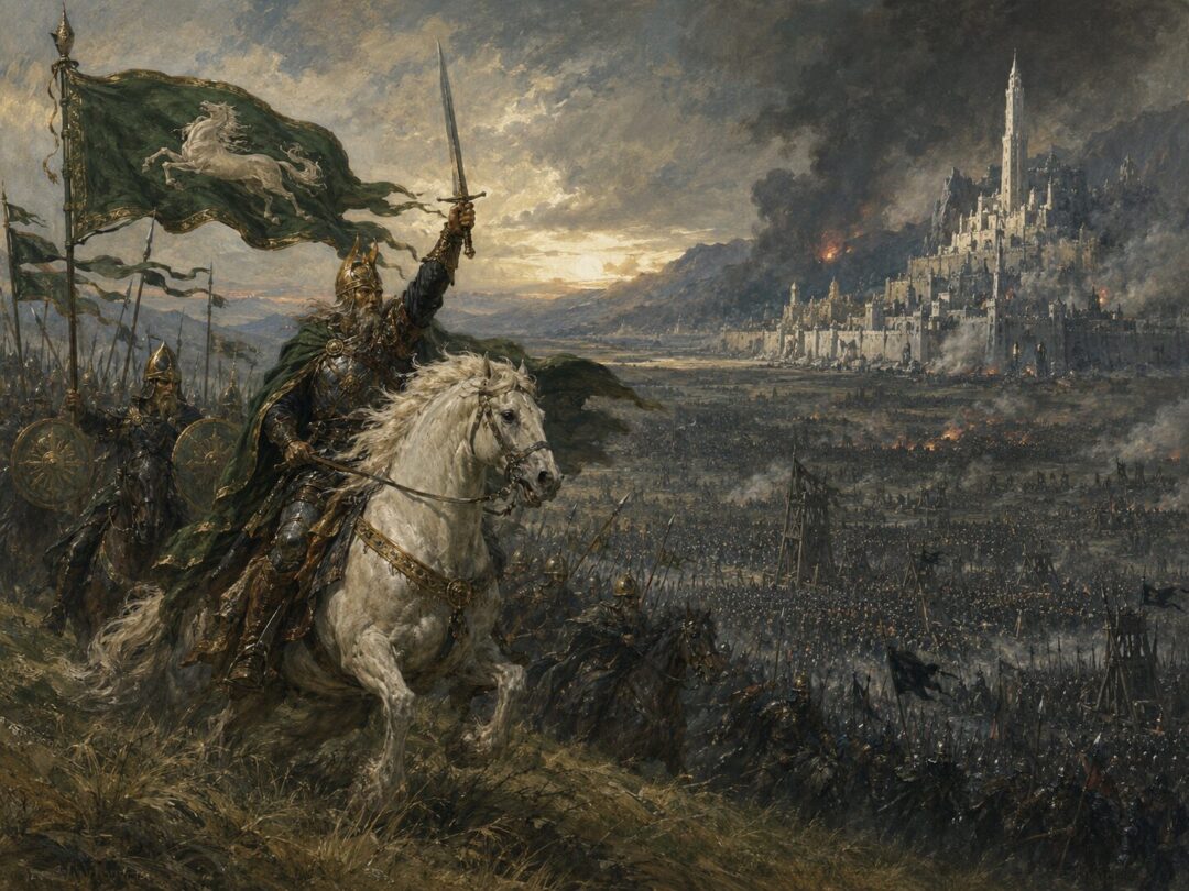 Théoden leads the Rohirrim charge across the Pelennor Fields toward besieged Minas Tirith.