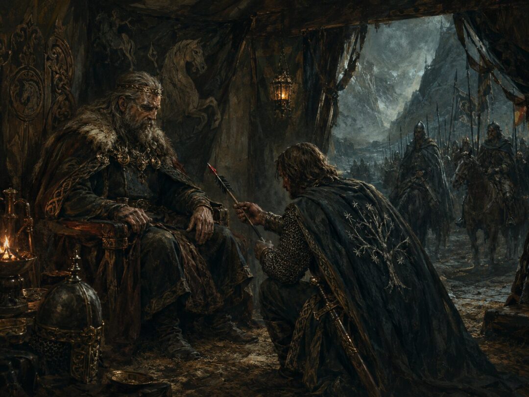 Théoden receives the Red Arrow from a messenger of Gondor in a war tent at Dunharrow.