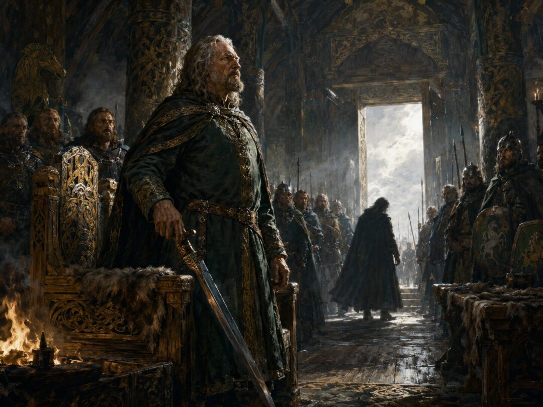Théoden stands restored in the Golden Hall of Meduseld as riders watch in silence.