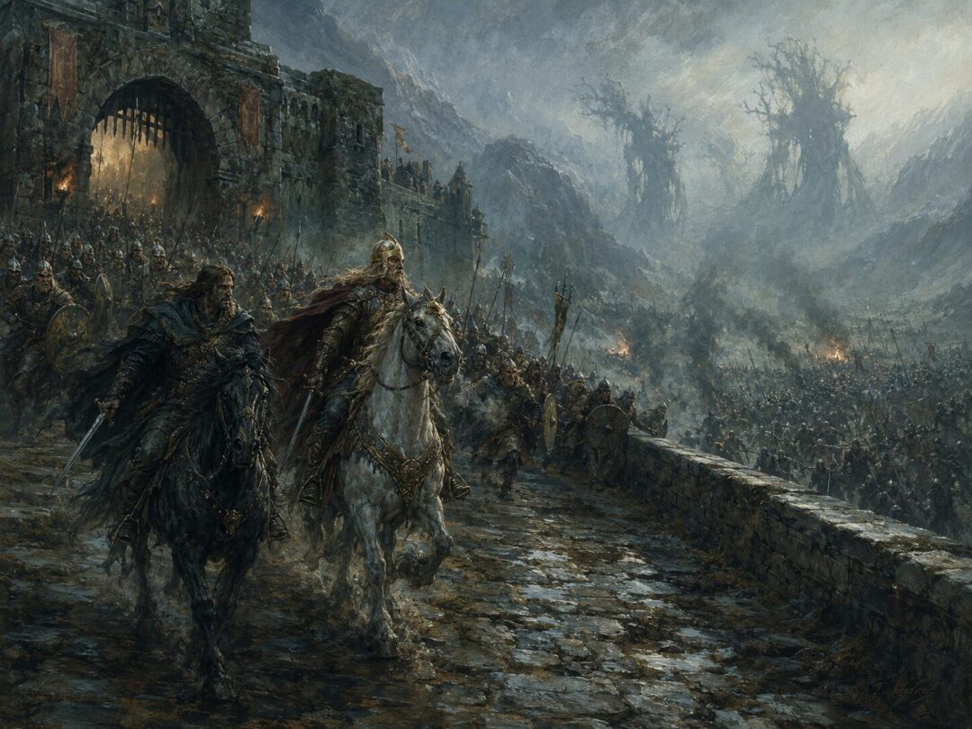 Théoden leads a desperate dawn sortie from the Hornburg during the battle against Saruman’s forces.