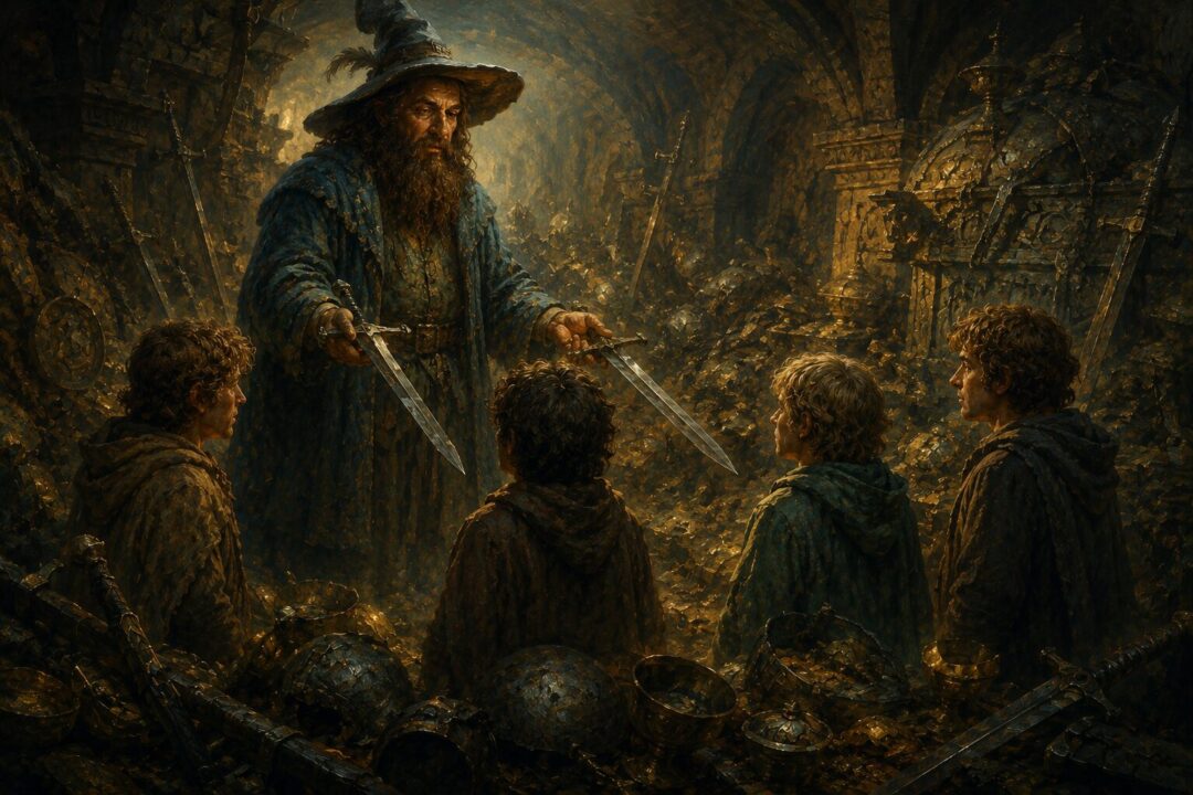 Tom Bombadil presents ancient swords from the Barrow-downs to the four hobbits.