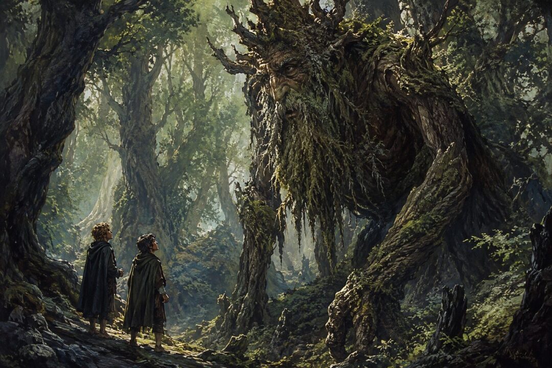 Treebeard meeting Merry and Pippin beneath the ancient trees of Fangorn Forest.