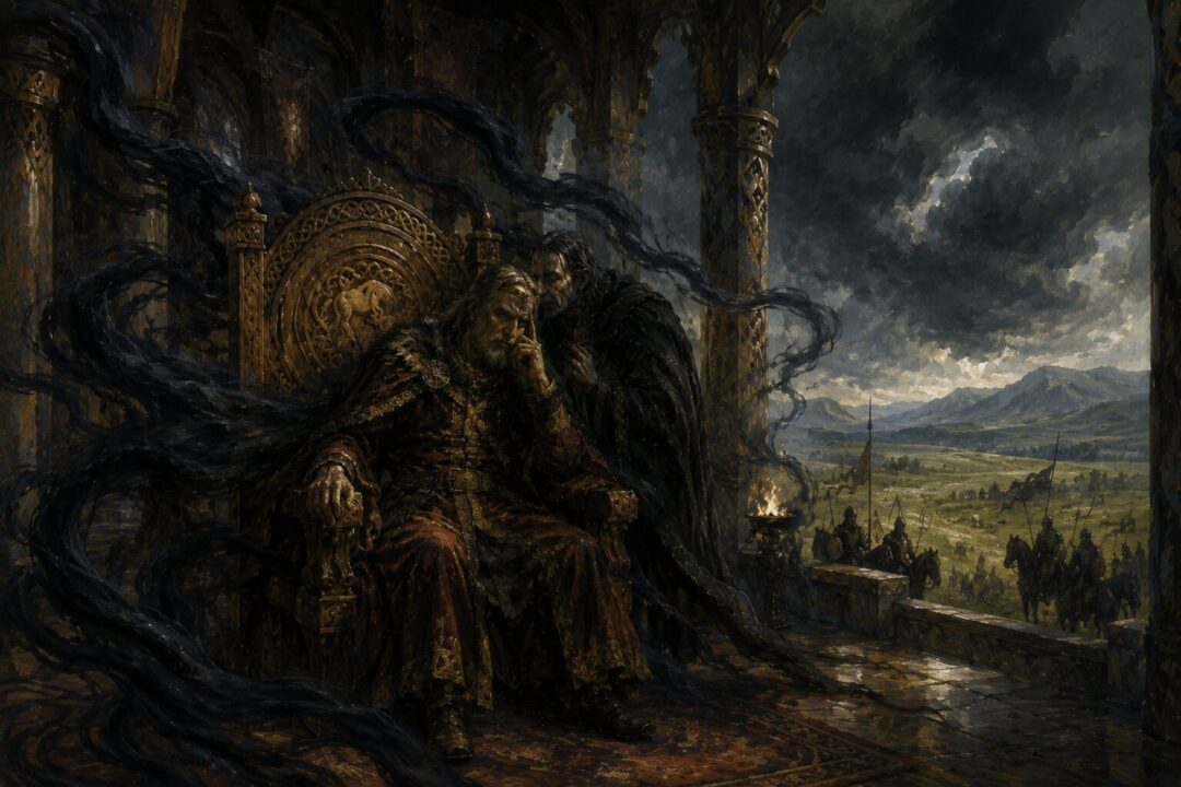 Symbolic image of dark whispers surrounding a throne while Rohan waits beyond the hall.