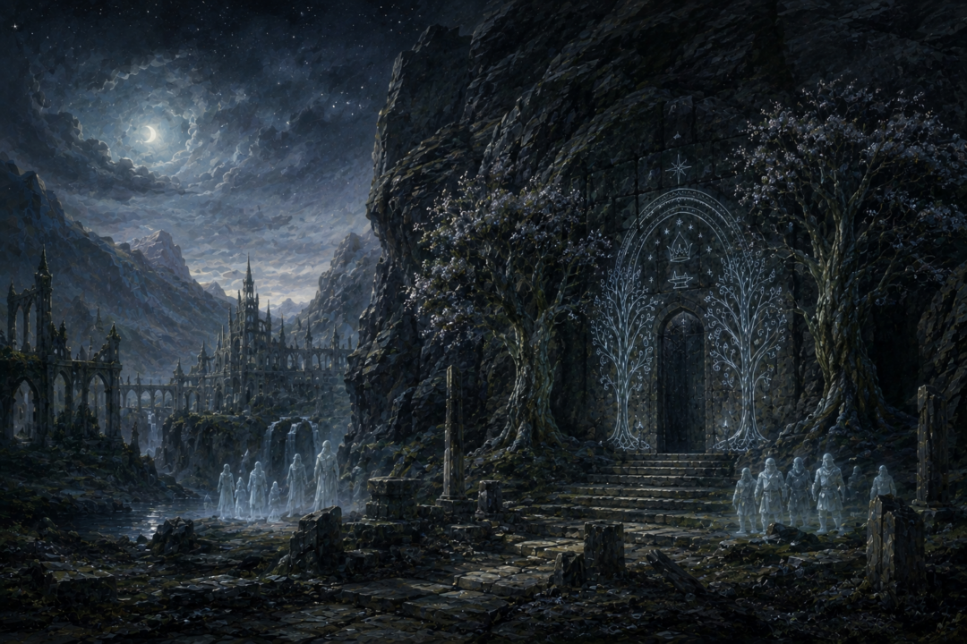 The abandoned Doors of Durin glowing faintly beneath the stars after the fall of Eregion and Khazad-dûm.
