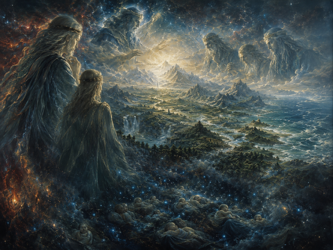 The Ainur watch mountains, seas and forests unfold as they discover Arda was being prepared for the Children of Ilúvatar.