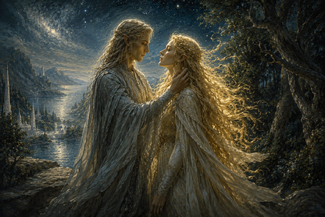 Galadriel and Celeborn beneath the stars in a visual interpretation of the Alatáriel naming tradition