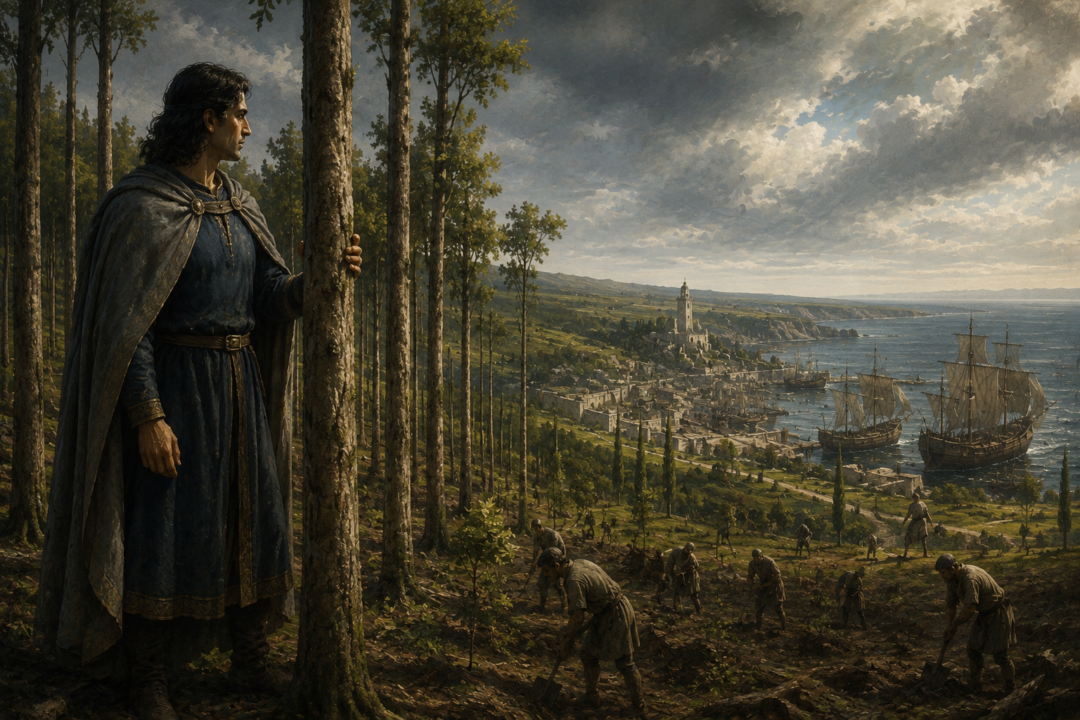 Aldarion examining trees grown for shipbuilding in Númenor with wooden vessels visible near the distant coast.