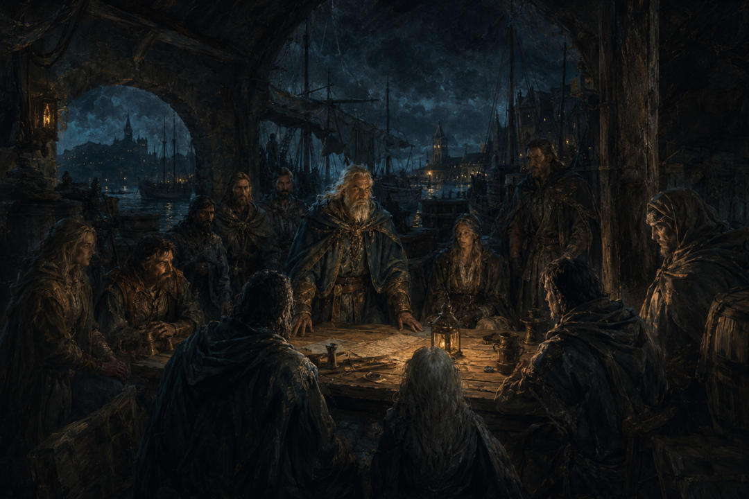 Amandil secretly gathering the remaining Faithful at the haven of Rómenna during Númenor's final years.