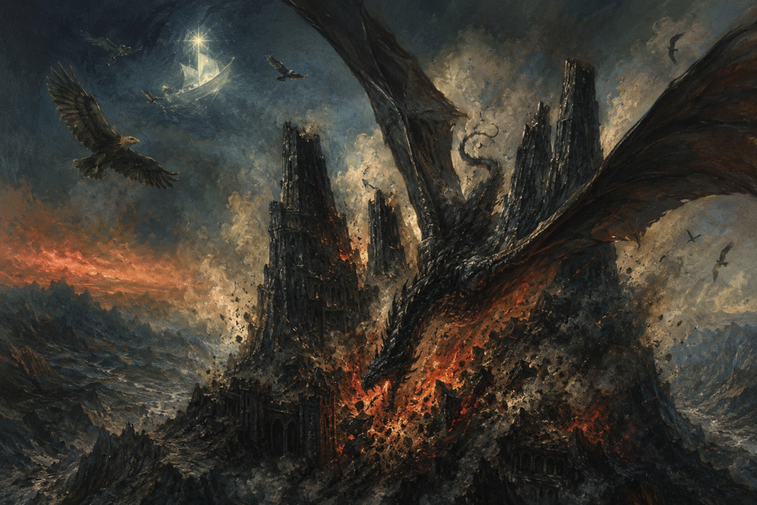 Ancalagon the Black falling from the sky onto Thangorodrim as Eärendil and the Eagles circle above.