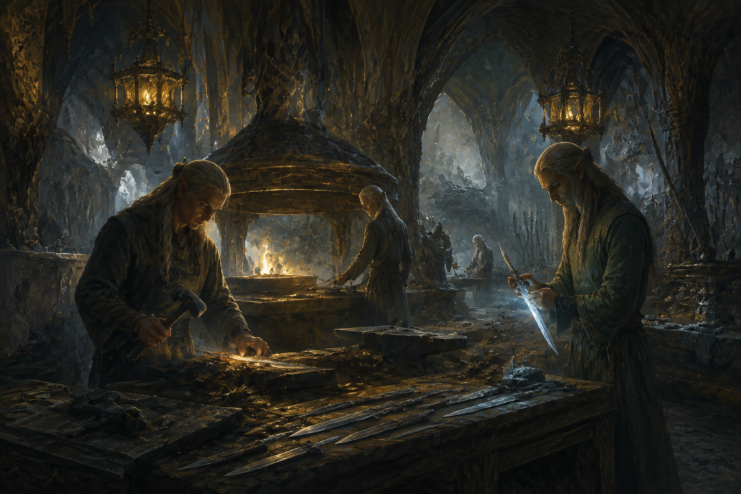 Ancient Elven smiths forging a small blade with hidden warning power