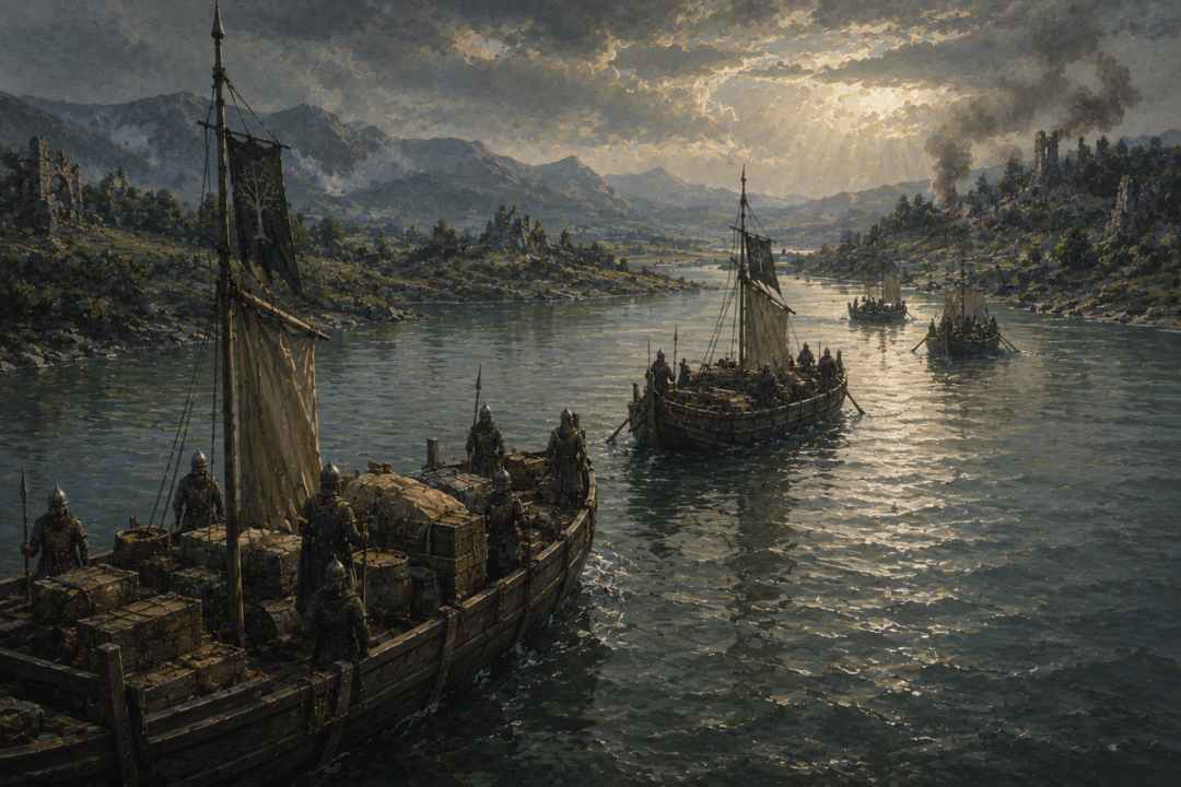 Supply vessels travelling north along the Anduin toward Cair Andros and the victorious host at Cormallen.