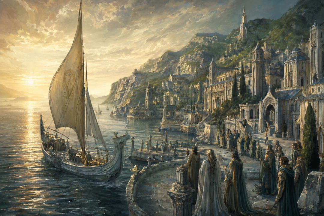 The western haven of Andúnië in Númenor as an Elven ship approaches from Tol Eressëa.