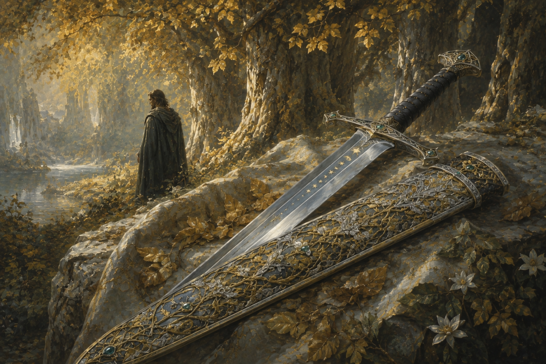 Andúril half drawn from Galadriel's decorated sheath beneath the golden trees of Lothlórien.