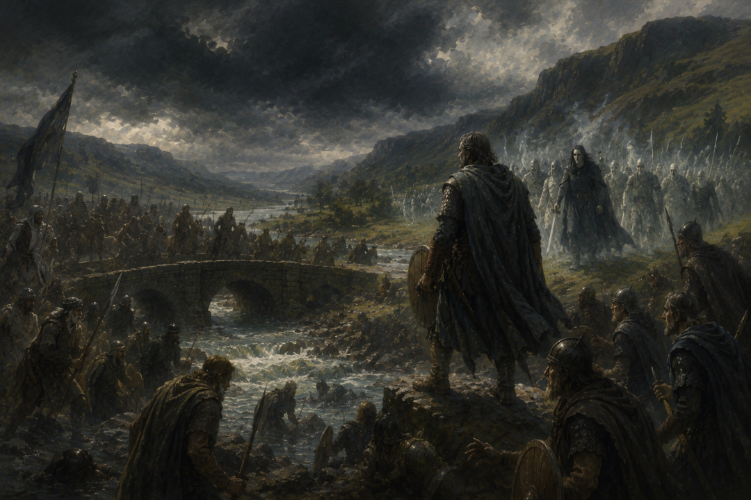 Angbor and the men of Lamedon at Linhir as Aragorn and the host of the Dead approach